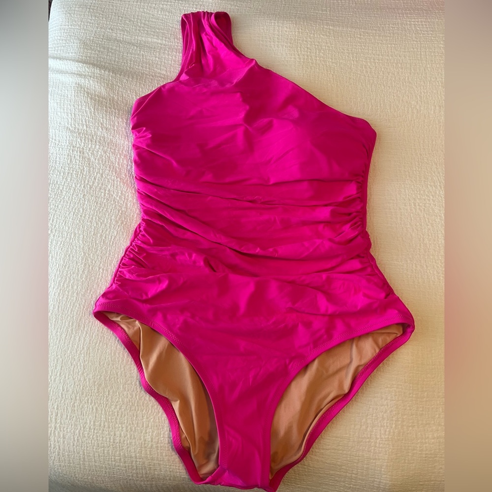 Jcrew one-shoulder one-piece swim 12 Neon Flamingo Pink. NWT
